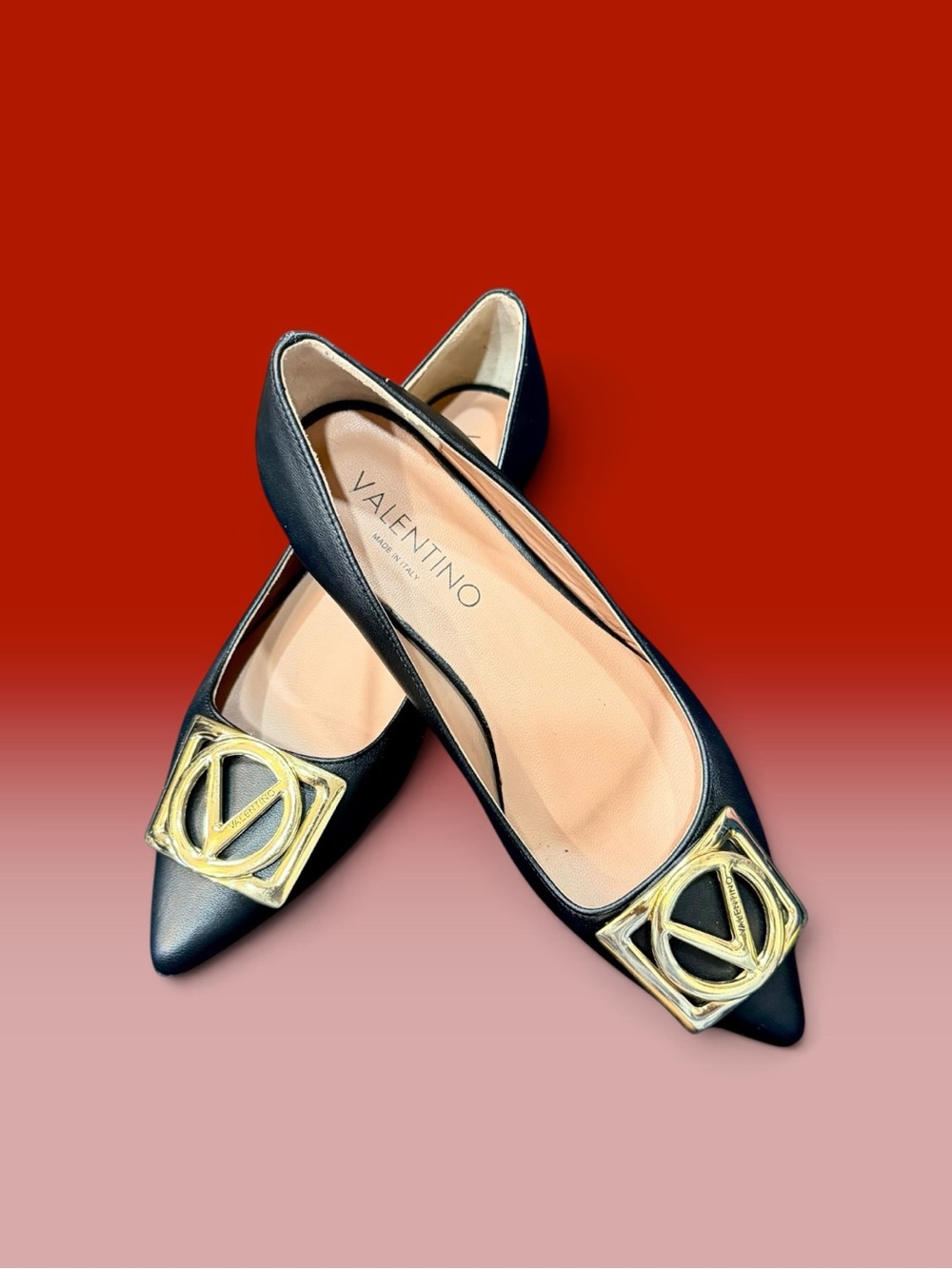 Valentino Black Leather Pointed-Toe Flats with Gold Logo Plaque